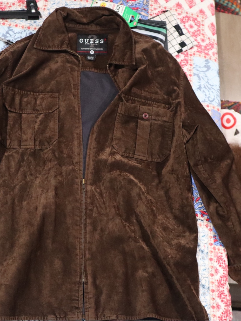 GUESS Brown Suede-Style Zip Front Shirt Jacket